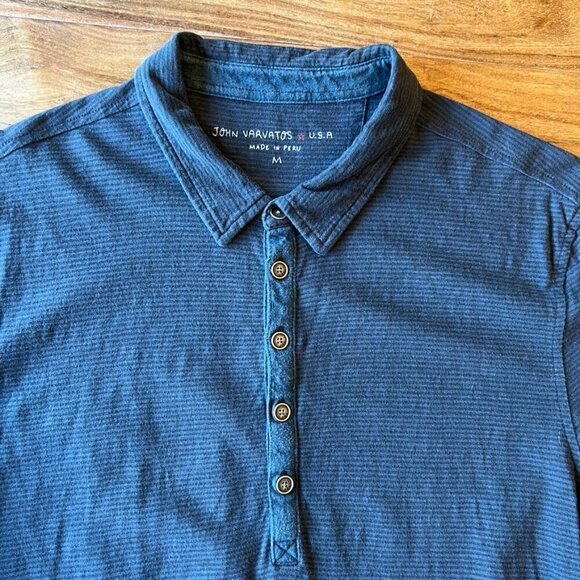 John Varvatos Blue & Black Stripe Polo Shirt With Wooden Buttons - Picture 2 of 5